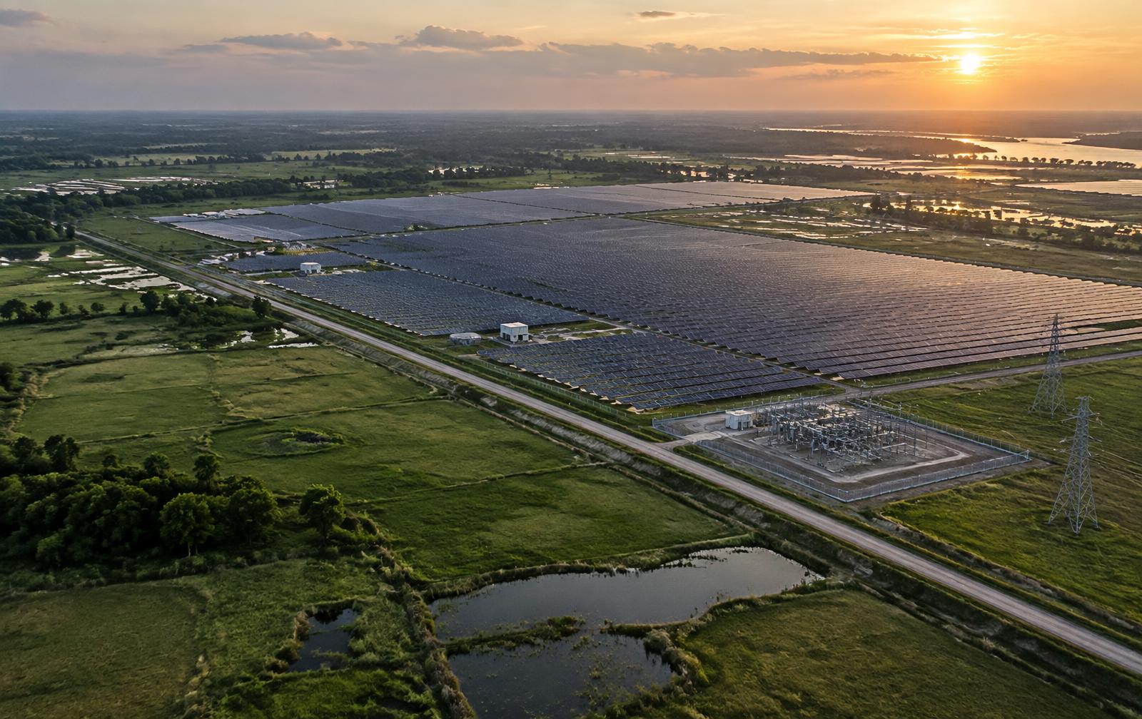 Expansive land surrounding a utility-scale solar farm